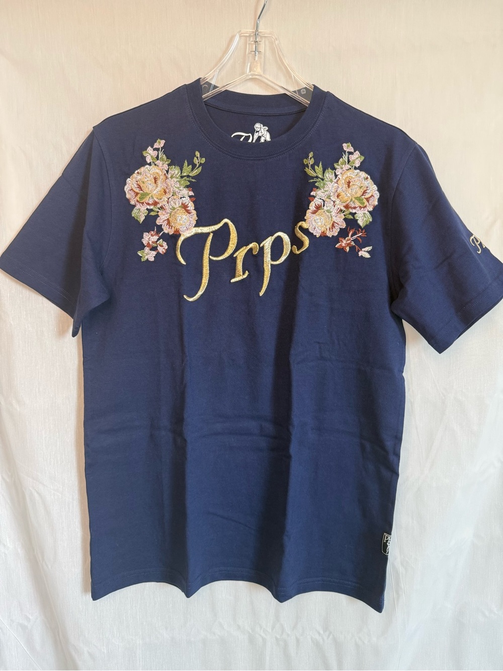PRPS Men’s Navy Floral Applique Logo Tee Size Small